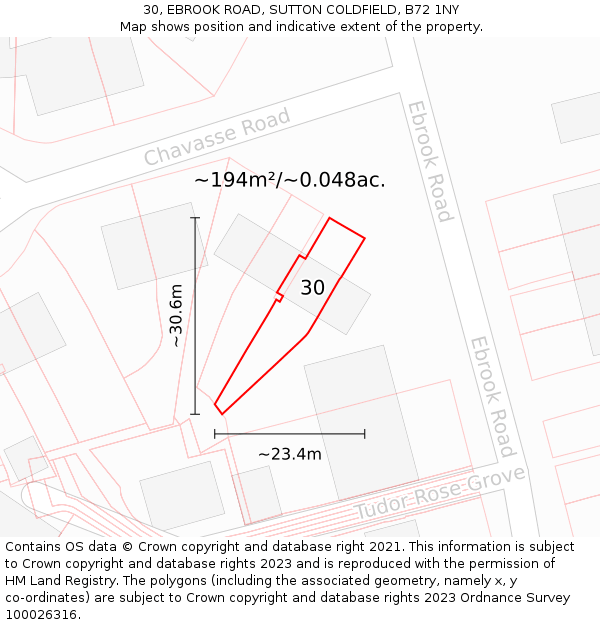 30, EBROOK ROAD, SUTTON COLDFIELD, B72 1NY: Plot and title map