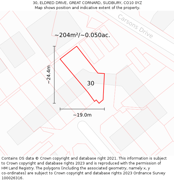 30, ELDRED DRIVE, GREAT CORNARD, SUDBURY, CO10 0YZ: Plot and title map