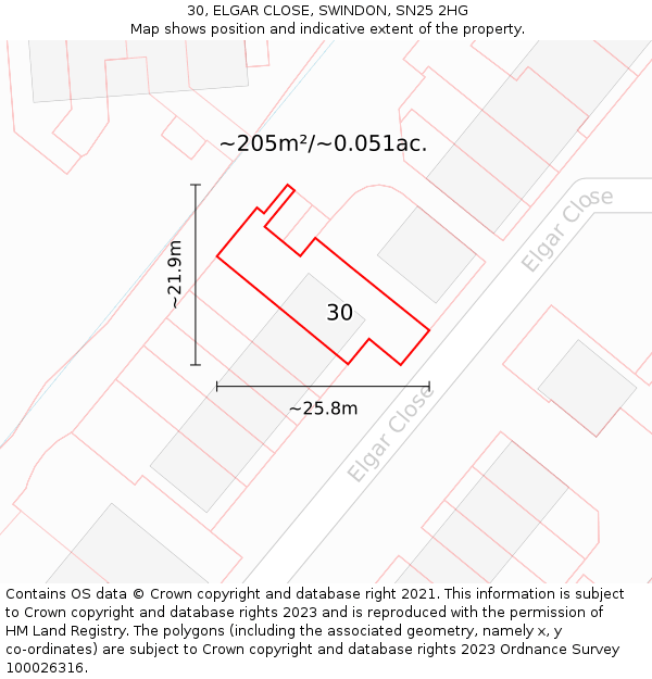 30, ELGAR CLOSE, SWINDON, SN25 2HG: Plot and title map