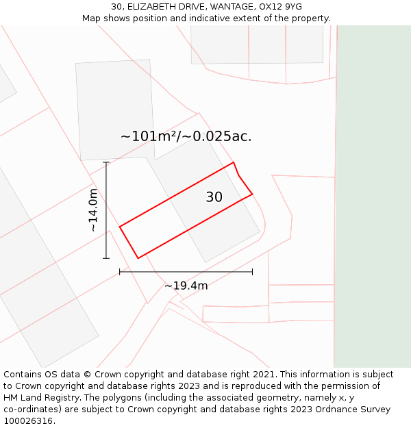 30, ELIZABETH DRIVE, WANTAGE, OX12 9YG: Plot and title map