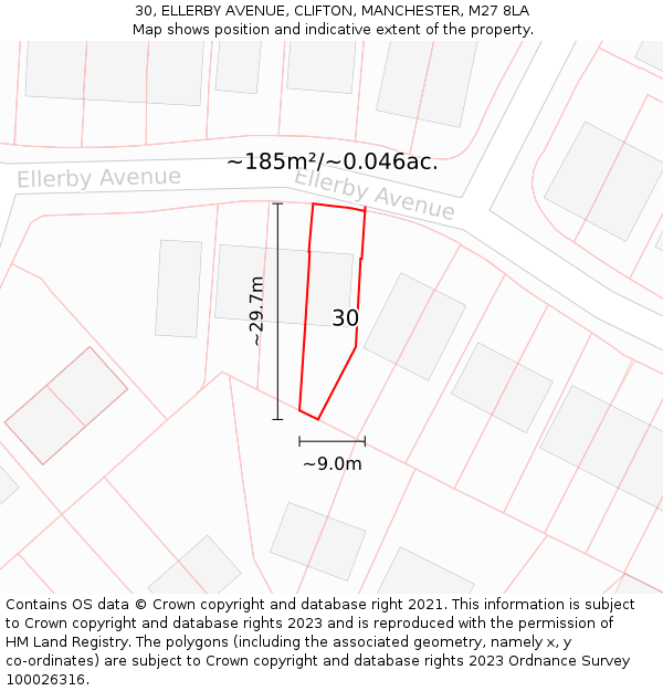 30, ELLERBY AVENUE, CLIFTON, MANCHESTER, M27 8LA: Plot and title map