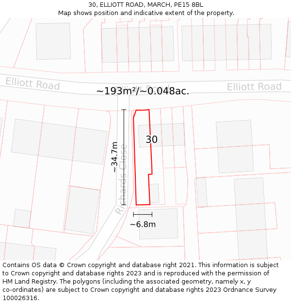 30, ELLIOTT ROAD, MARCH, PE15 8BL: Plot and title map