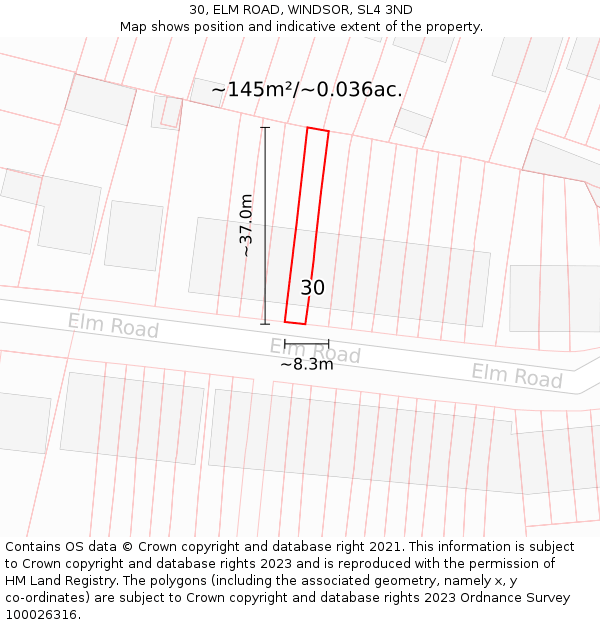 30, ELM ROAD, WINDSOR, SL4 3ND: Plot and title map