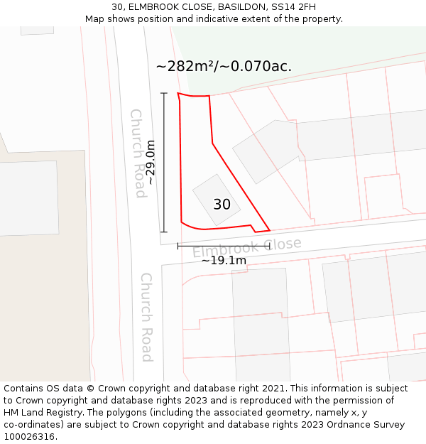 30, ELMBROOK CLOSE, BASILDON, SS14 2FH: Plot and title map