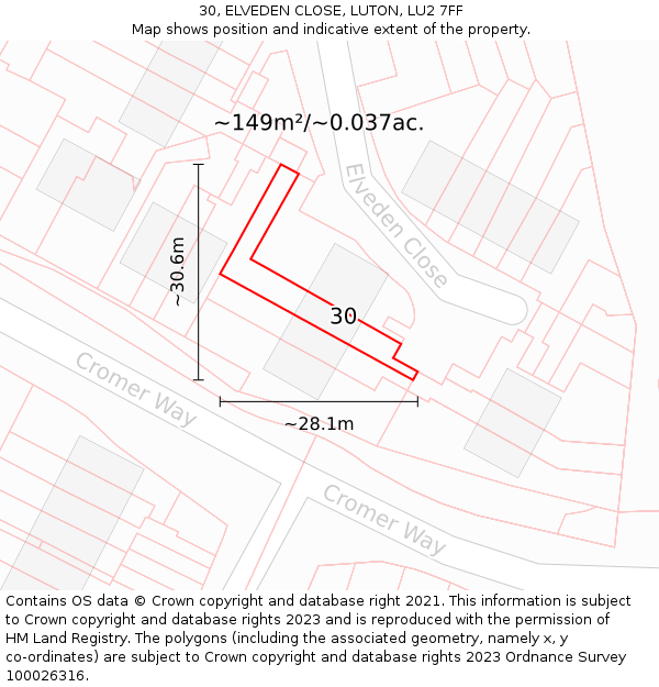 30, ELVEDEN CLOSE, LUTON, LU2 7FF: Plot and title map