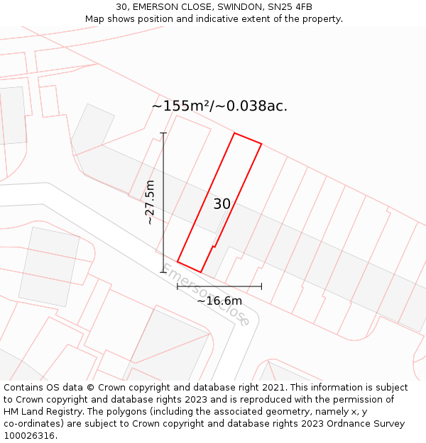 30, EMERSON CLOSE, SWINDON, SN25 4FB: Plot and title map