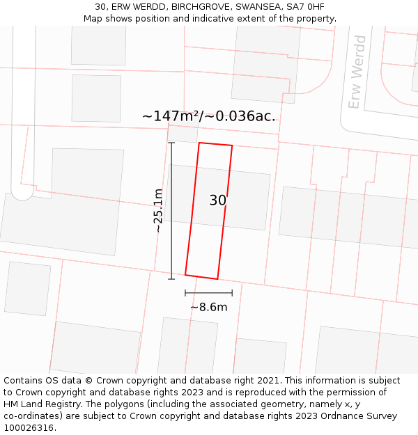 30, ERW WERDD, BIRCHGROVE, SWANSEA, SA7 0HF: Plot and title map