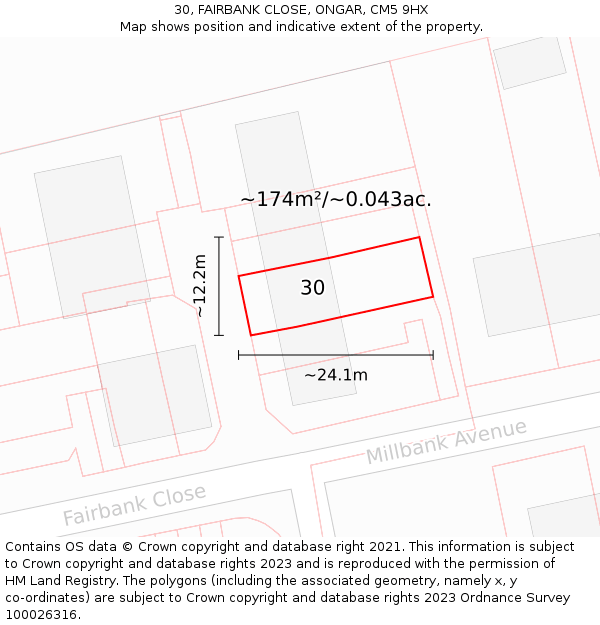 30, FAIRBANK CLOSE, ONGAR, CM5 9HX: Plot and title map