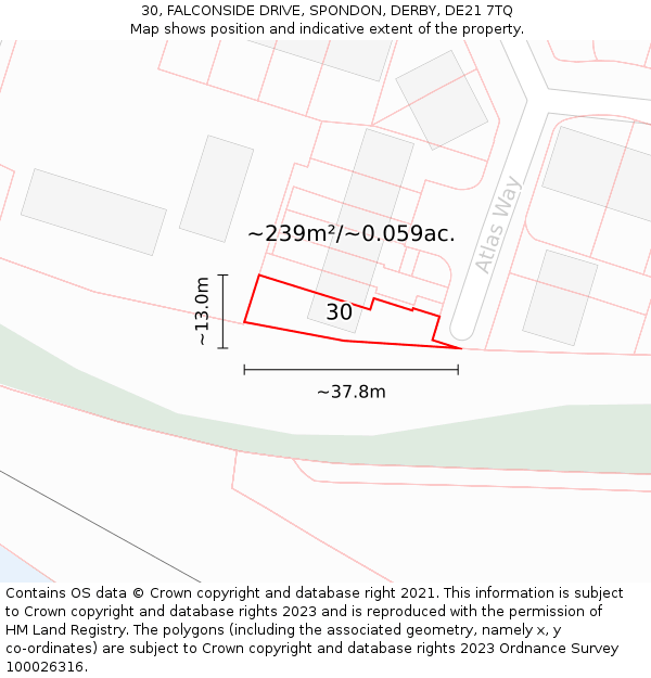 30, FALCONSIDE DRIVE, SPONDON, DERBY, DE21 7TQ: Plot and title map