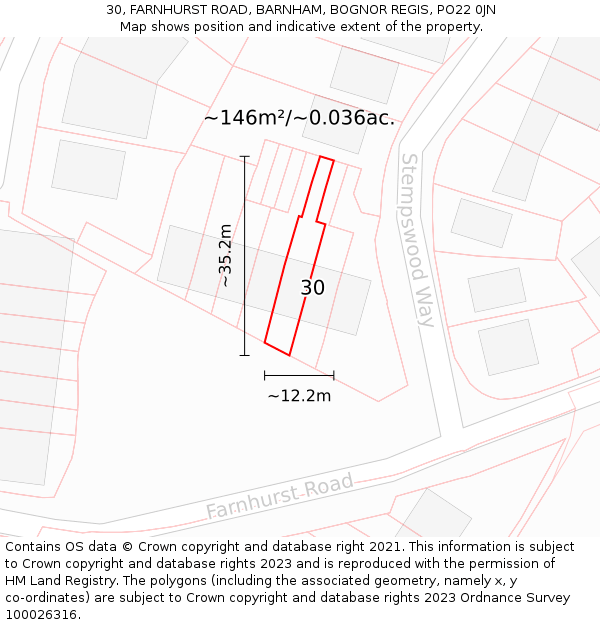 30, FARNHURST ROAD, BARNHAM, BOGNOR REGIS, PO22 0JN: Plot and title map