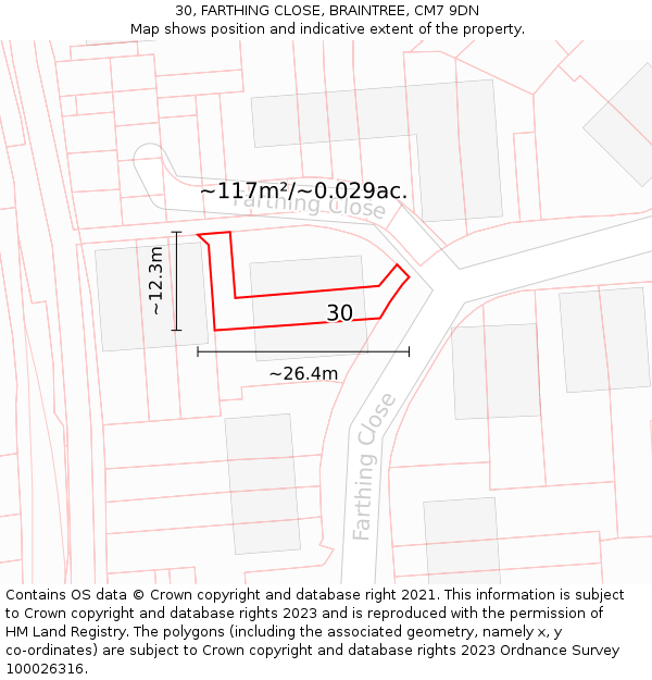 30, FARTHING CLOSE, BRAINTREE, CM7 9DN: Plot and title map
