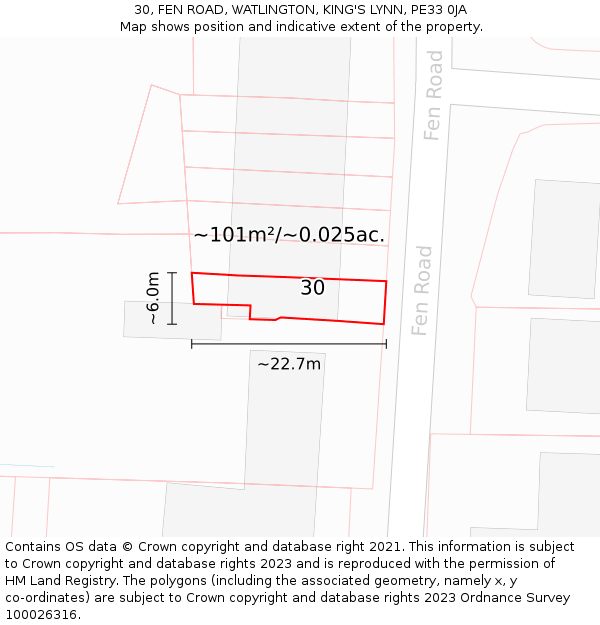 30, FEN ROAD, WATLINGTON, KING'S LYNN, PE33 0JA: Plot and title map
