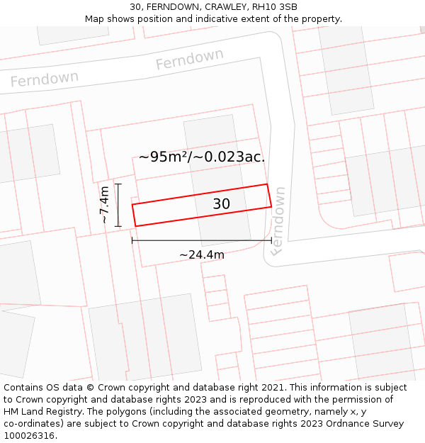 30, FERNDOWN, CRAWLEY, RH10 3SB: Plot and title map