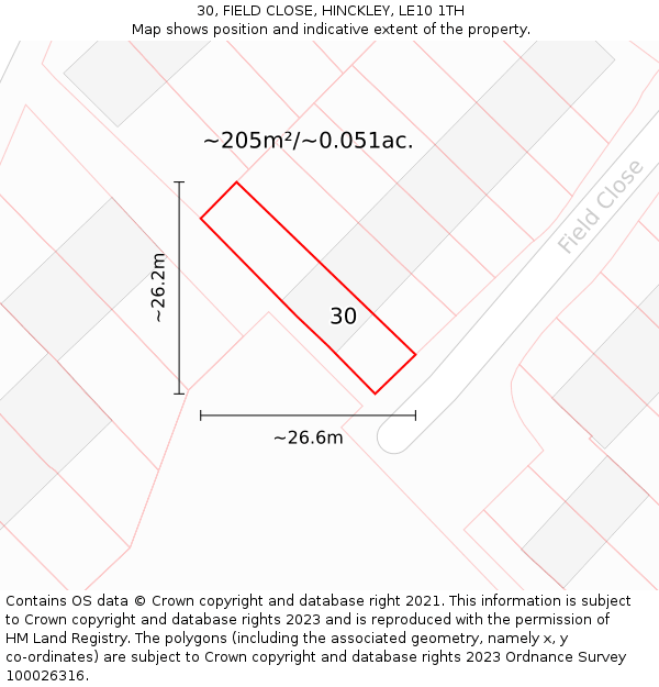 30, FIELD CLOSE, HINCKLEY, LE10 1TH: Plot and title map