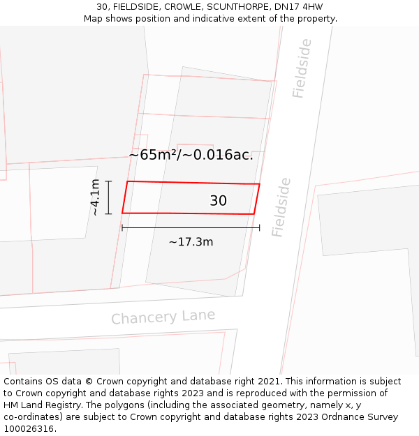 30, FIELDSIDE, CROWLE, SCUNTHORPE, DN17 4HW: Plot and title map