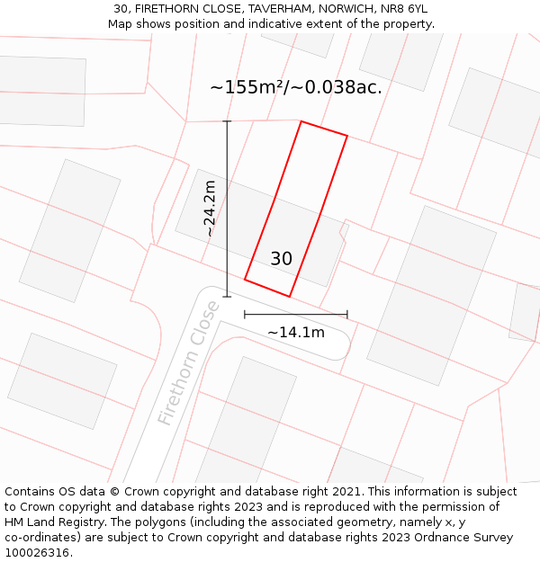 30, FIRETHORN CLOSE, TAVERHAM, NORWICH, NR8 6YL: Plot and title map