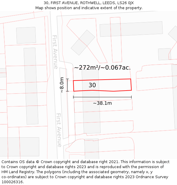 30, FIRST AVENUE, ROTHWELL, LEEDS, LS26 0JX: Plot and title map