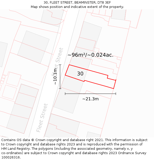 30, FLEET STREET, BEAMINSTER, DT8 3EF: Plot and title map