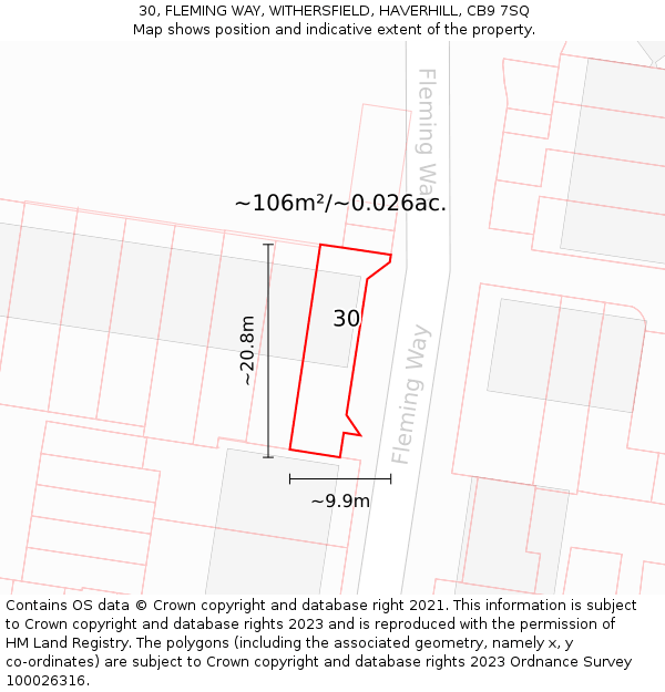 30, FLEMING WAY, WITHERSFIELD, HAVERHILL, CB9 7SQ: Plot and title map