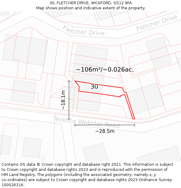 30, FLETCHER DRIVE, WICKFORD, SS12 9FA: Plot and title map