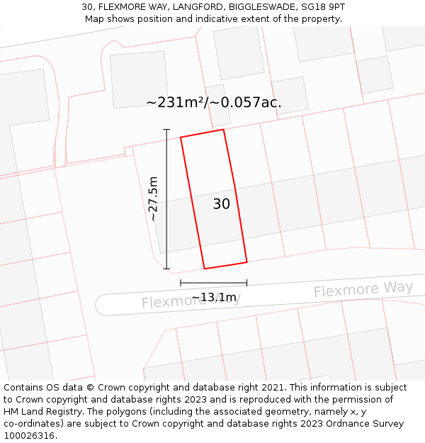 30, FLEXMORE WAY, LANGFORD, BIGGLESWADE, SG18 9PT: Plot and title map