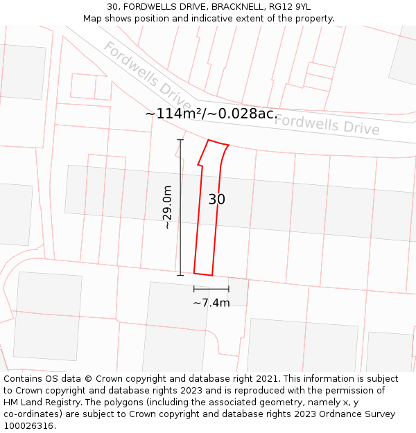 30, FORDWELLS DRIVE, BRACKNELL, RG12 9YL: Plot and title map