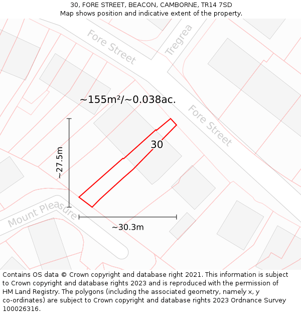 30, FORE STREET, BEACON, CAMBORNE, TR14 7SD: Plot and title map