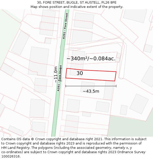 30, FORE STREET, BUGLE, ST AUSTELL, PL26 8PE: Plot and title map