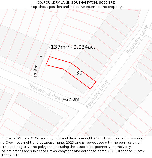 30, FOUNDRY LANE, SOUTHAMPTON, SO15 3FZ: Plot and title map