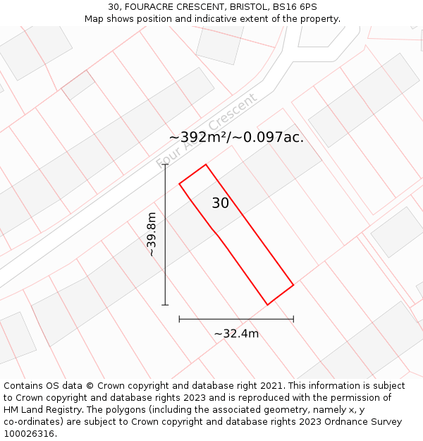 30, FOURACRE CRESCENT, BRISTOL, BS16 6PS: Plot and title map