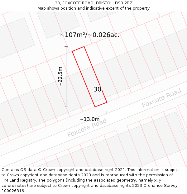 30, FOXCOTE ROAD, BRISTOL, BS3 2BZ: Plot and title map
