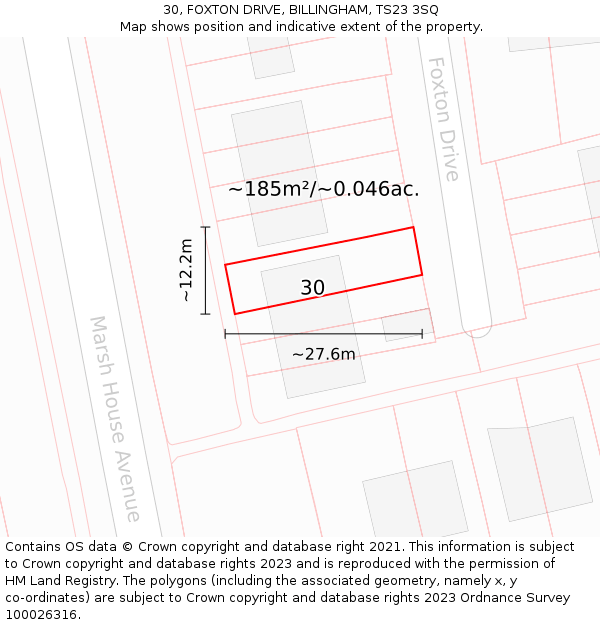30, FOXTON DRIVE, BILLINGHAM, TS23 3SQ: Plot and title map