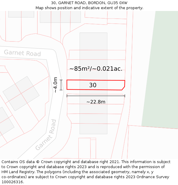 30, GARNET ROAD, BORDON, GU35 0XW: Plot and title map