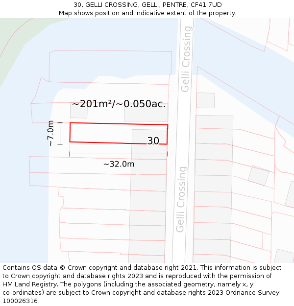 30, GELLI CROSSING, GELLI, PENTRE, CF41 7UD: Plot and title map