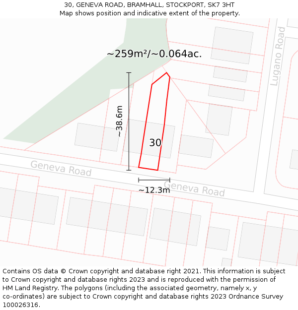 30, GENEVA ROAD, BRAMHALL, STOCKPORT, SK7 3HT: Plot and title map