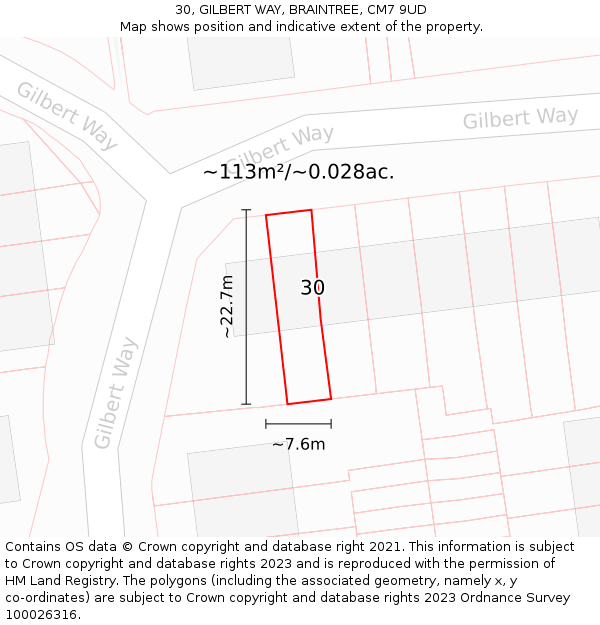 30, GILBERT WAY, BRAINTREE, CM7 9UD: Plot and title map