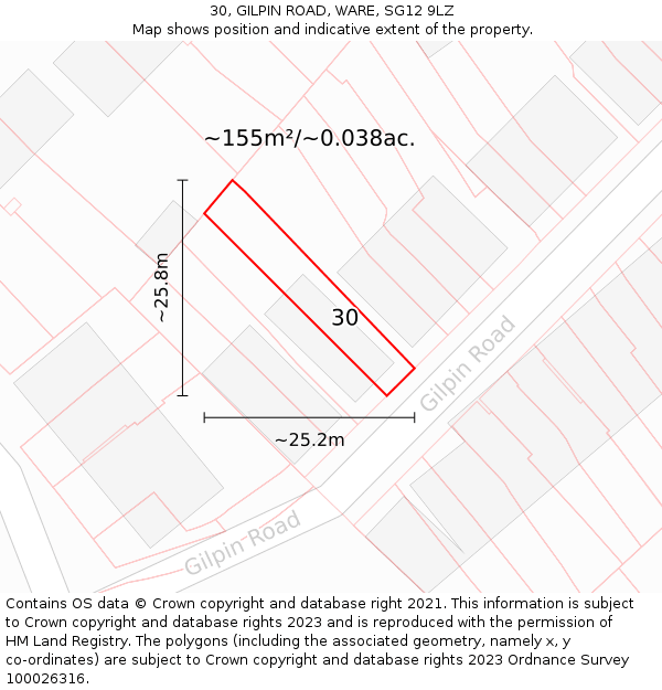 30, GILPIN ROAD, WARE, SG12 9LZ: Plot and title map