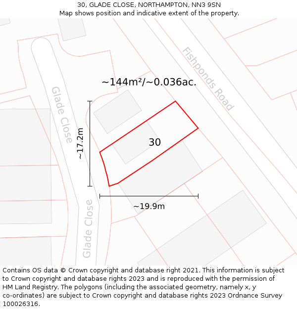 30, GLADE CLOSE, NORTHAMPTON, NN3 9SN: Plot and title map