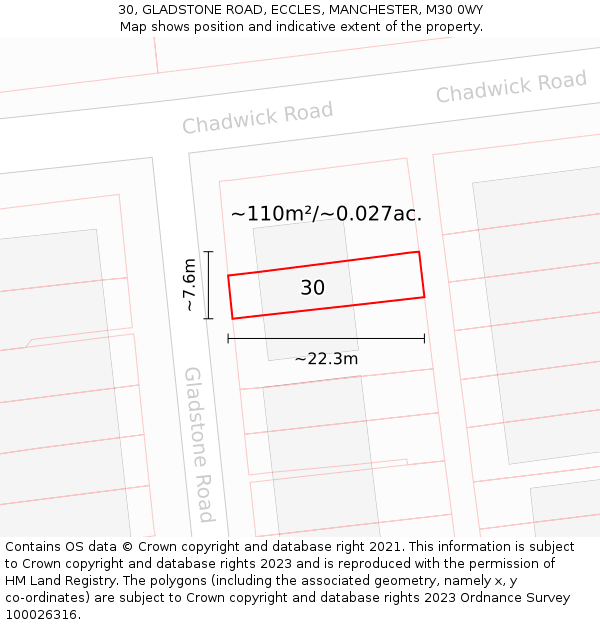 30, GLADSTONE ROAD, ECCLES, MANCHESTER, M30 0WY: Plot and title map