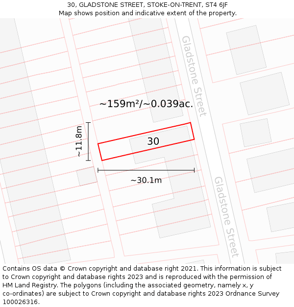 30, GLADSTONE STREET, STOKE-ON-TRENT, ST4 6JF: Plot and title map