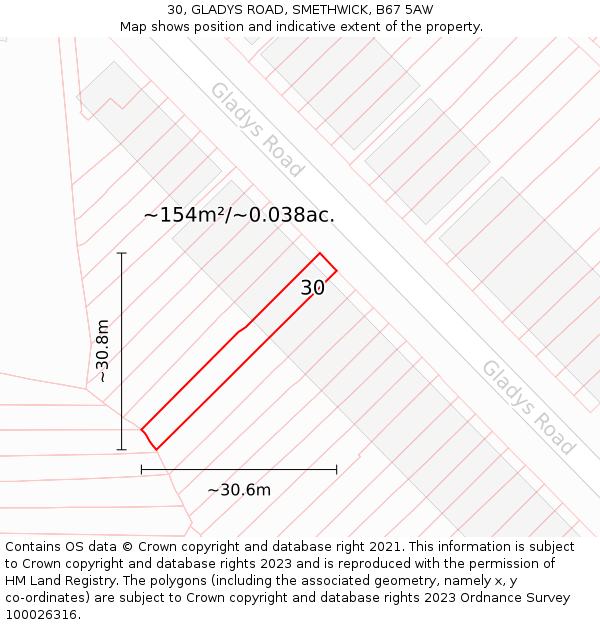 30, GLADYS ROAD, SMETHWICK, B67 5AW: Plot and title map