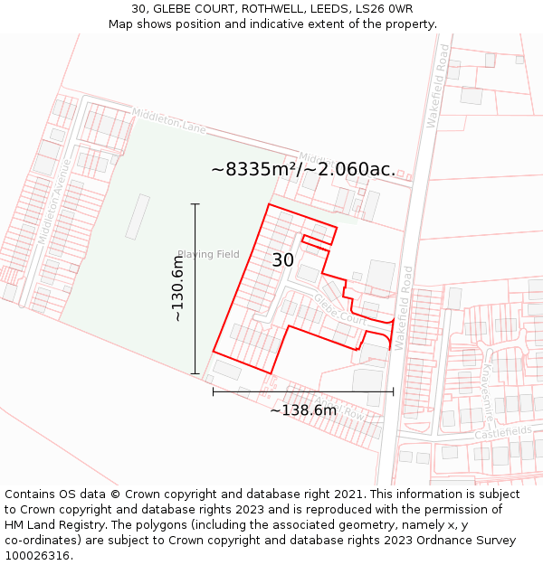 30, GLEBE COURT, ROTHWELL, LEEDS, LS26 0WR: Plot and title map