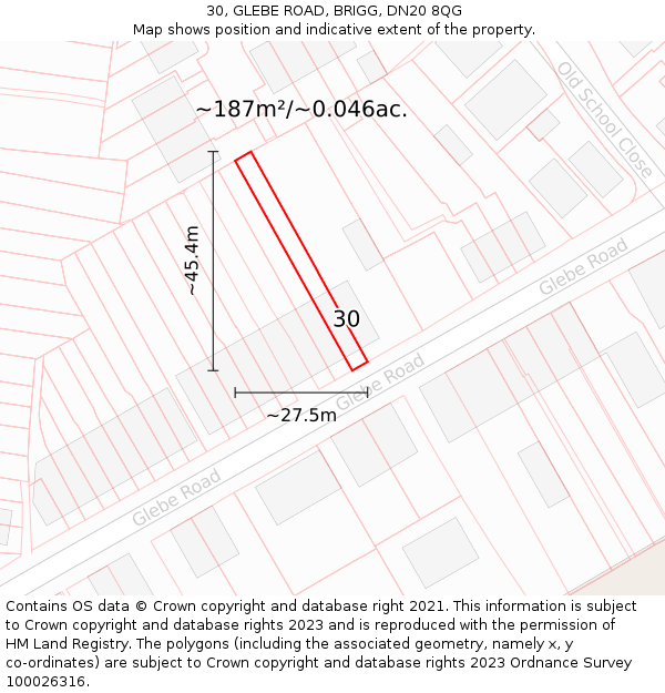 30, GLEBE ROAD, BRIGG, DN20 8QG: Plot and title map