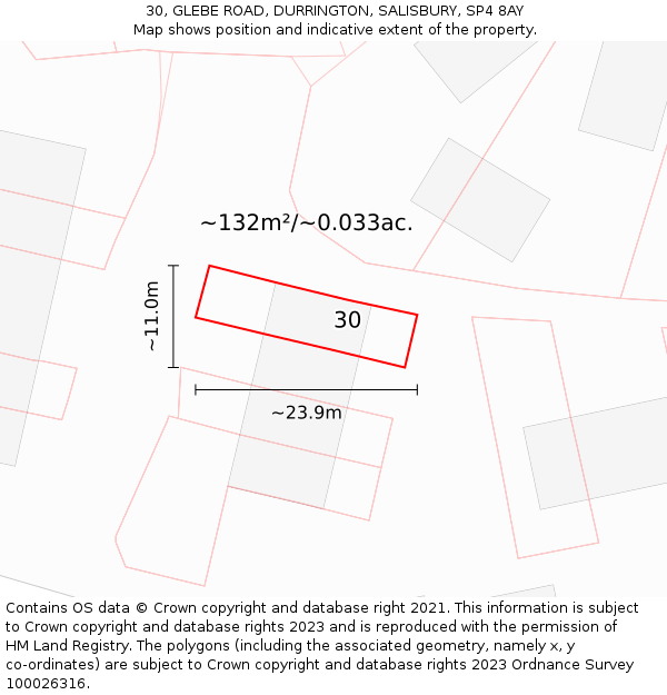 30, GLEBE ROAD, DURRINGTON, SALISBURY, SP4 8AY: Plot and title map