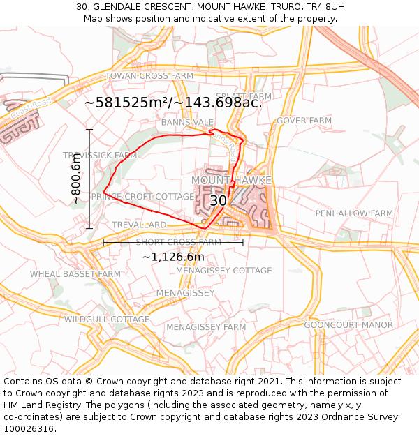 30, GLENDALE CRESCENT, MOUNT HAWKE, TRURO, TR4 8UH: Plot and title map