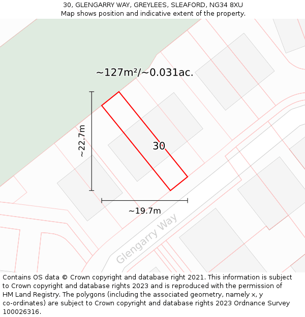 30, GLENGARRY WAY, GREYLEES, SLEAFORD, NG34 8XU: Plot and title map