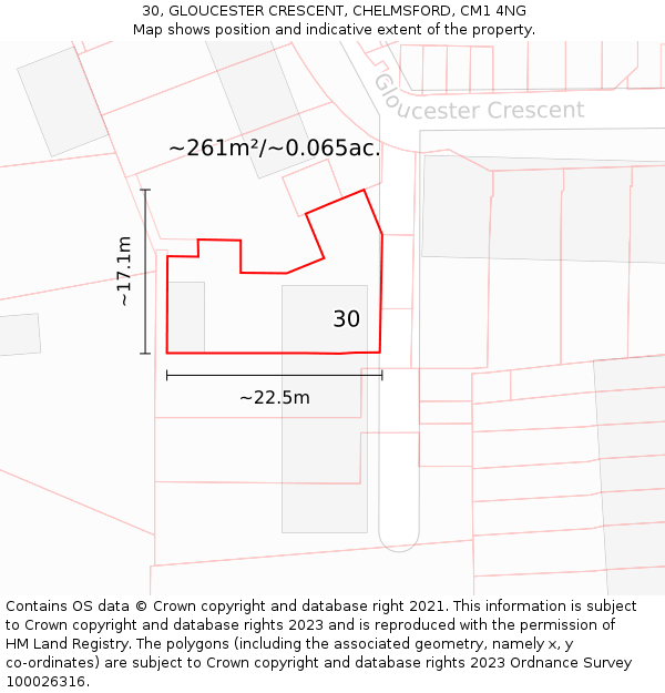 30, GLOUCESTER CRESCENT, CHELMSFORD, CM1 4NG: Plot and title map
