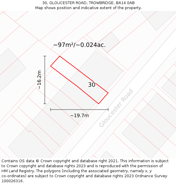30, GLOUCESTER ROAD, TROWBRIDGE, BA14 0AB: Plot and title map