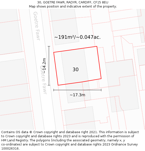 30, GOETRE FAWR, RADYR, CARDIFF, CF15 8EU: Plot and title map