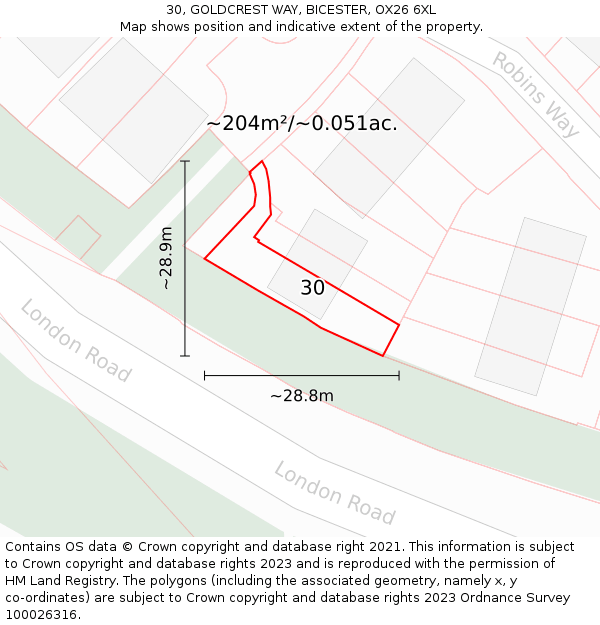 30, GOLDCREST WAY, BICESTER, OX26 6XL: Plot and title map